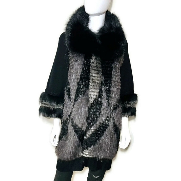 CARMEN MARC VALVO Cashmere Coat Fox & Beaver Fur Mob Wife Aesthetic Black S M - Picture 2 of 13